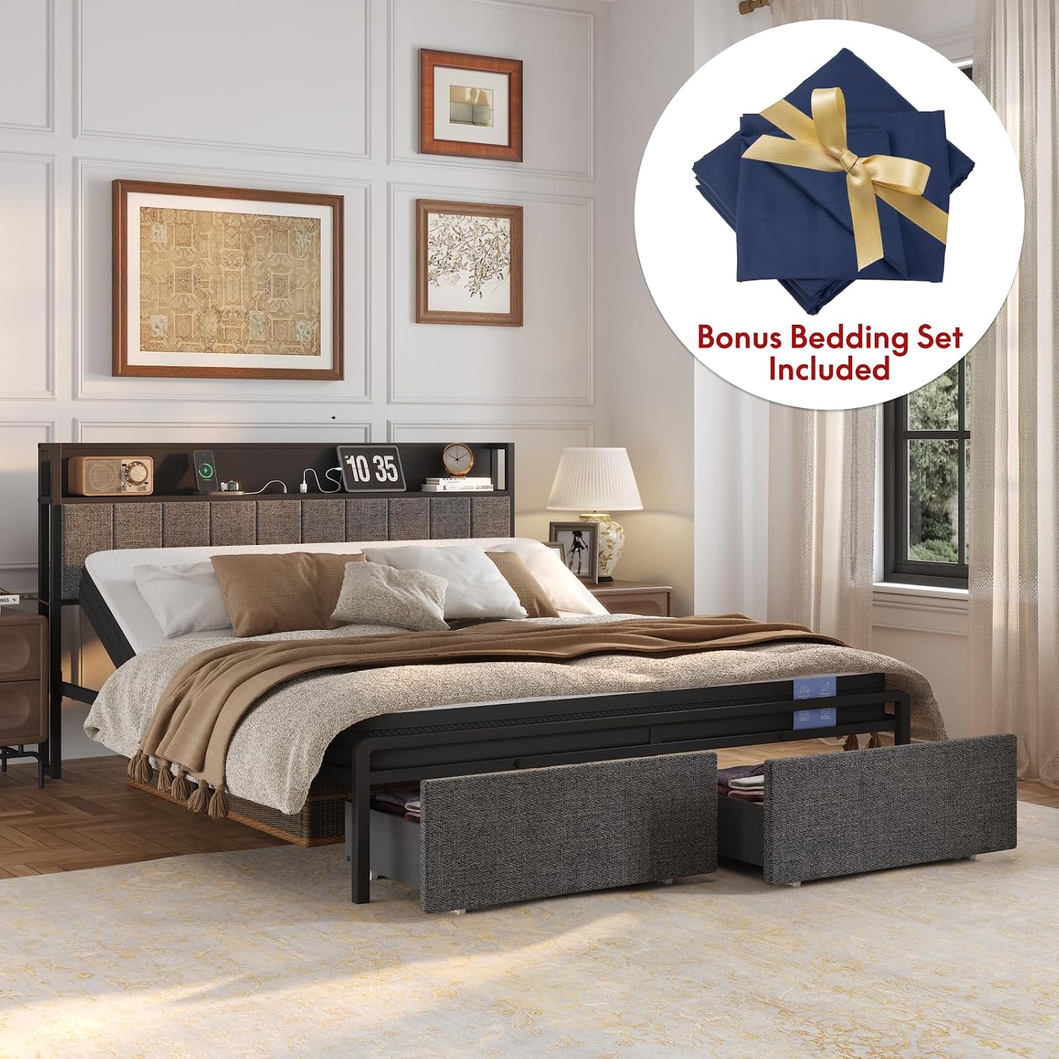 FLEXISPOT BF21Q Adjustable Bed Frame with 10 Inch Queen Size Gel Memory Foam Mattress, Viscose from Bamboo, Medium Firm, Certi-PUR & Oeko-TEX Certified, Bonus 4-Piece Queen Sheet Set Included.