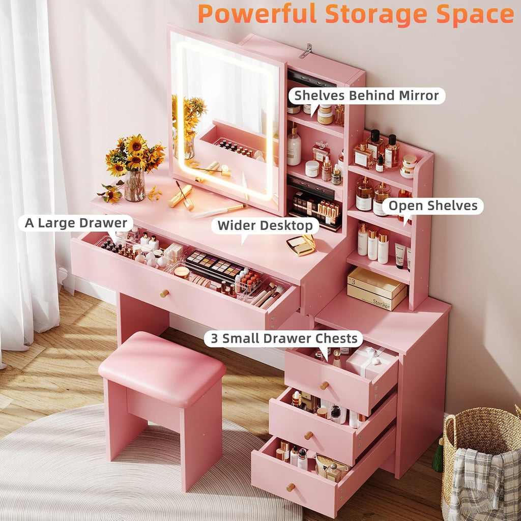 Memobarco Vanity Desk with Mirror and Lights, Makeup Vanity with 3 Adjustable Lighting Modes, Small Vanity Desk with Sliding Mirror, 4 Drawers, 7 Shelves, Vanity Chair for Bedroom, Pink