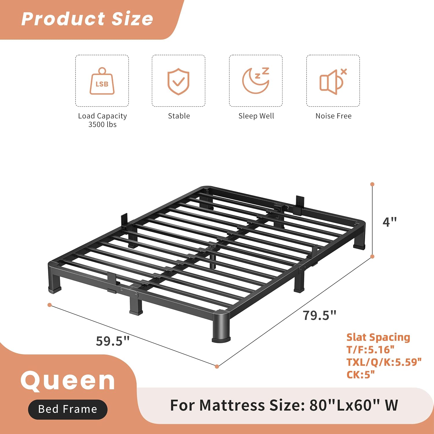 VIPSHOW 4 Inch Queen Heavy Duty 3500 lbs Bed Frame with Round-Corner Legs & Anti-Squeak Design – Quick Assembly Metal Platform, No Box Spring Needed