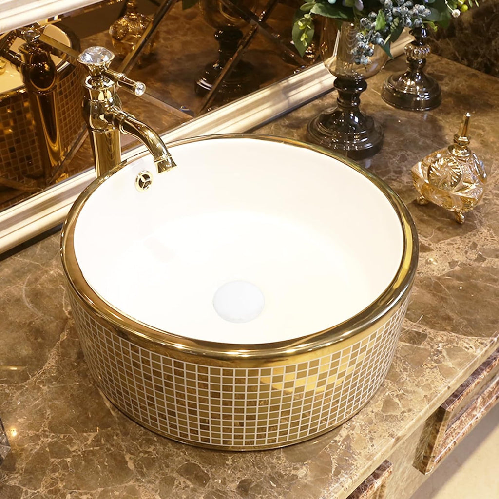 Strictly Sinks 16 Inch Gold Vessel Sink – Round Mosaic Ceramic Countertop Bathroom Sink – Easy to Install Above Counter Luxurious Vessel Sink for Bathroom (16-5/8″ W x 16-5/8″ L x 7-11/16″ H)