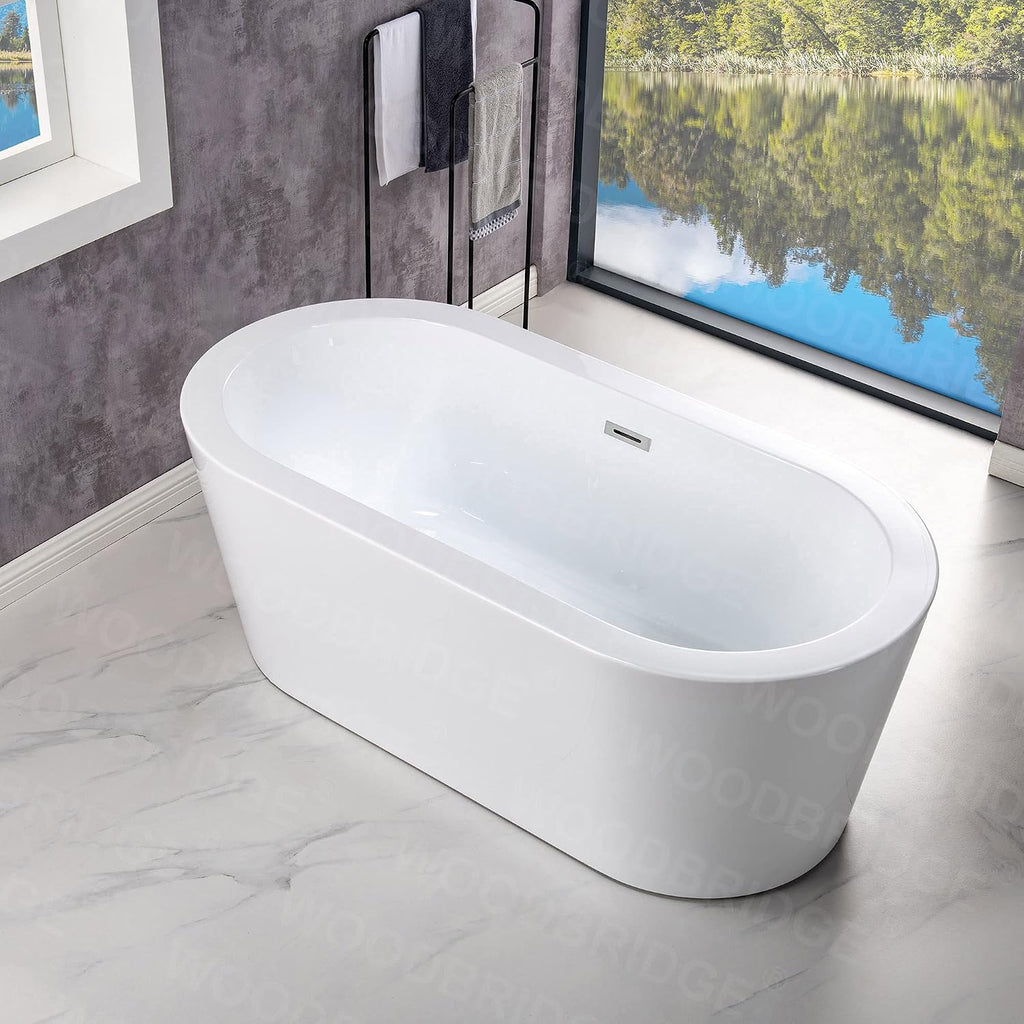 WOODBRIDGE 59' Acrylic Freestanding Bathtub Contemporary Soaking Tub, White Acrylic (Chrome Drain/Overflow),B0012 C-Drain &O