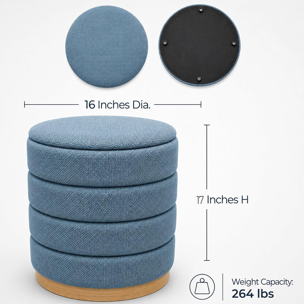 Ottoman Collection Stylish Linen Cylinder Storage Light Blue Round Footrest Vanity Stool Furniture Living Room Small Bench 16' L X16 W X 17' H