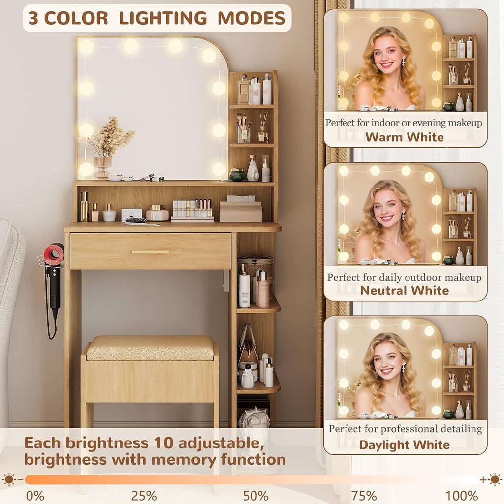 wanan Makeup Vanity with Chair, Small Vanity Desk with Mirror and Lights 3 Colors, Girls Vanity Set with Power Outlet, Compact Vanity Table for Small Space, Oak