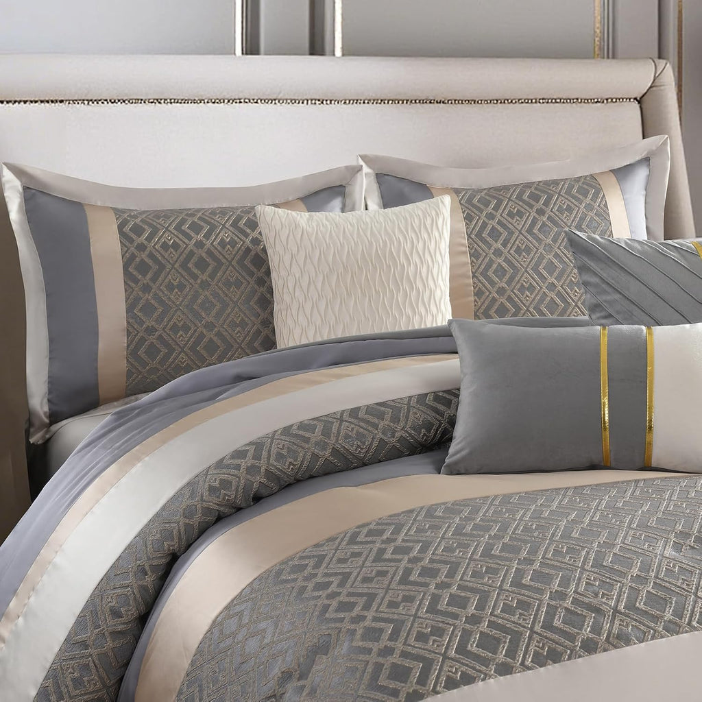 PANGUSHAN 7 Pieces Comforter Set Queen Size, Luxury Silky Elegant Jacquard Fluffy Reversible Bedding Set with Bed Skirt, Shams and Pillows, Bed in a Bag Queen, Down Alternative, Gray