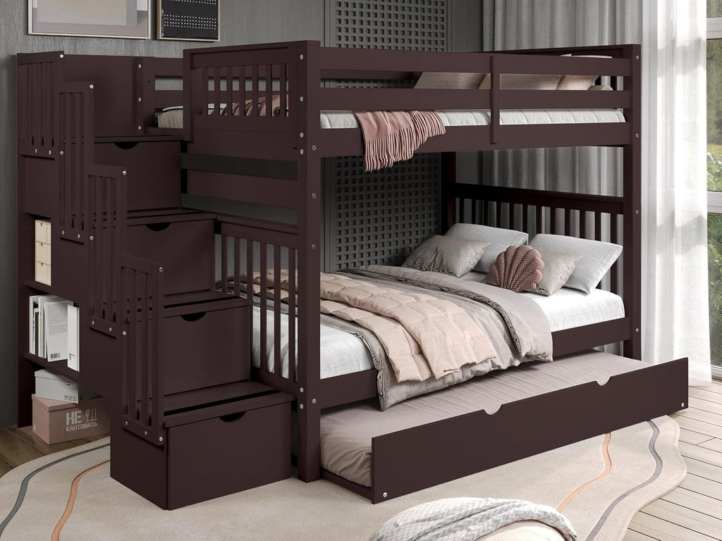Bedz King Stairway Bunk Beds Full Over Full with 4 Drawers in the Steps and a Full Trundle, Dark Cherry
