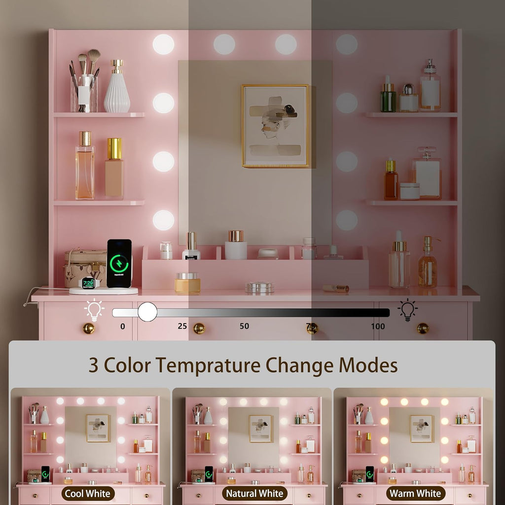 HUANLEGO Vanity Desk with Mirror and Lights, Makeup Vanity with Mirror and LED Lights & Power Outlet, 3 Drawers and Cabinets, 3 Lighting Modes Dressing Table Set for Girls Women Bedroom,Pink