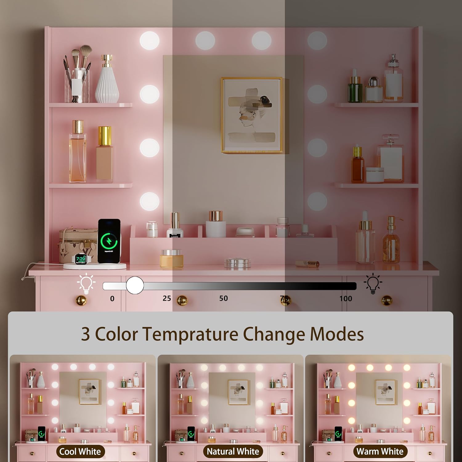 HUANLEGO Vanity Desk with Mirror and Lights, Makeup Vanity with Mirror and LED Lights & Power Outlet, 3 Drawers and Cabinets, 3 Lighting Modes Dressing Table Set for Girls Women Bedroom,Pink