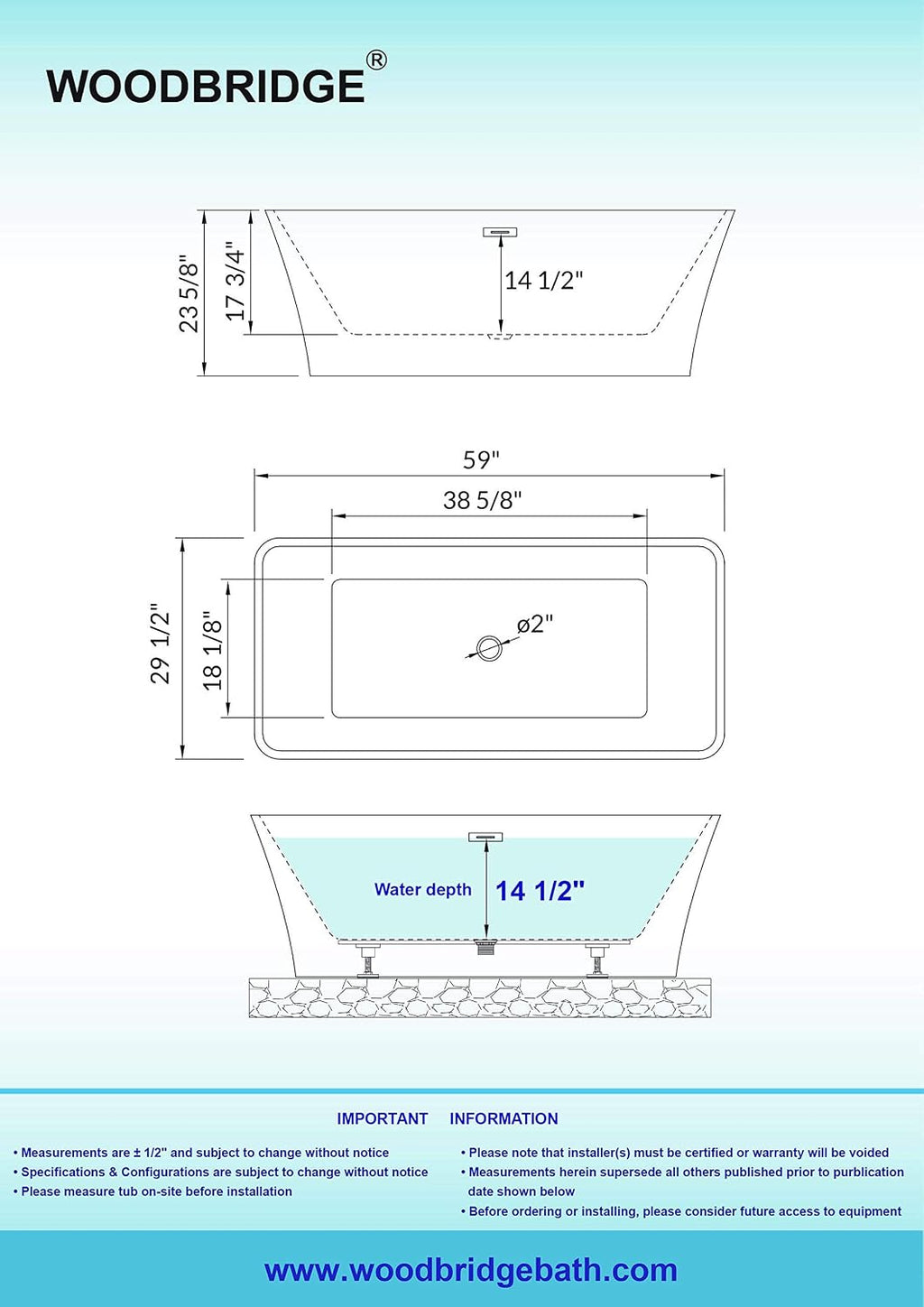 WOODBRIDGE 59' Acrylic Freestanding Bathtub Contemporary Soaking White Tub with Chrome Overflow and Drain，BTA1509 -C-Drain &O
