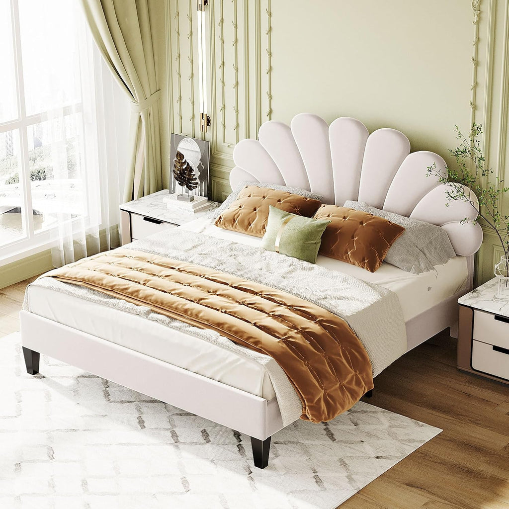 Harper & Bright Designs Queen Size Upholstered Platform Bed Frame with Flower Pattern Velvet Headboard for Boys Girls Kids Adults, Beige