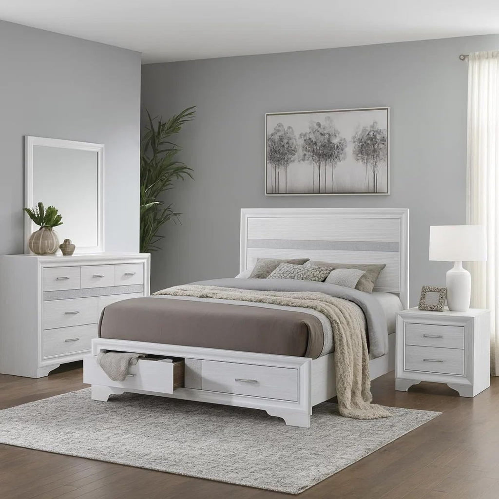 Benzara Vino White 4 Piece Queen Bed Set with Storage, Glitter Accent