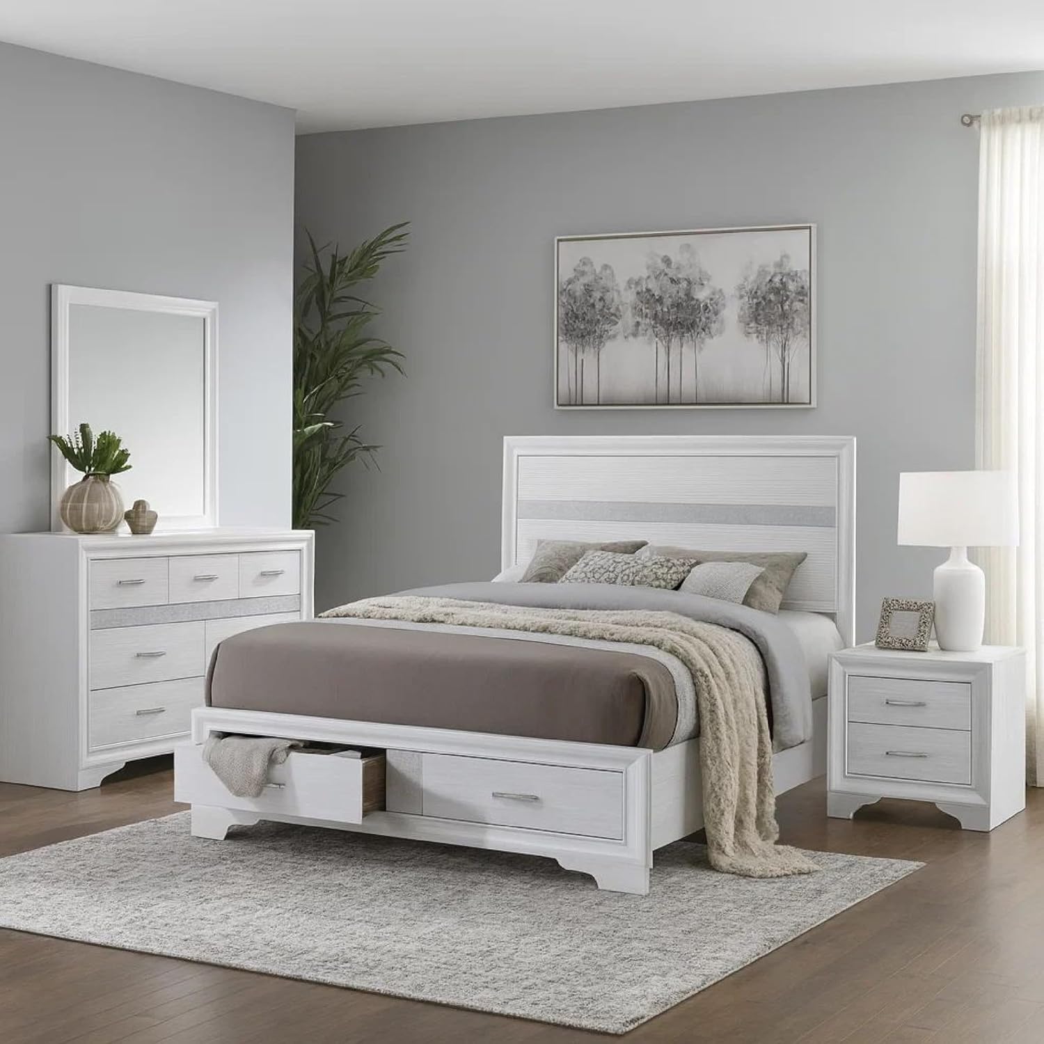 Benzara Vino White 4 Piece Queen Bed Set with Storage, Glitter Accent
