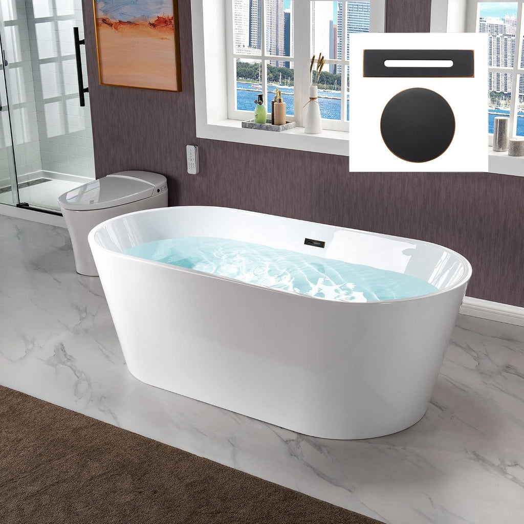 WOODBRIDGE 67' Acrylic Freestanding Bathtub Contemporary Soaking White Tub with Oil-Rubbed Bronze Overflow and Drain，B0013-ORB