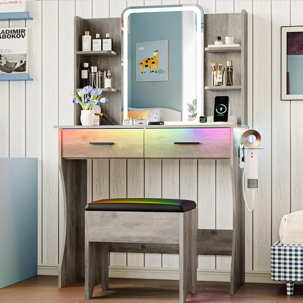 Vanity Desk with LED Lights Mirror & Power Outlet, Small Makeup Vanity Table Set with Storage Drawers & Chair, 3 Lighting Modes & Adjustable Brightness, Dressing Table for Women Girls Bedroom, Grey