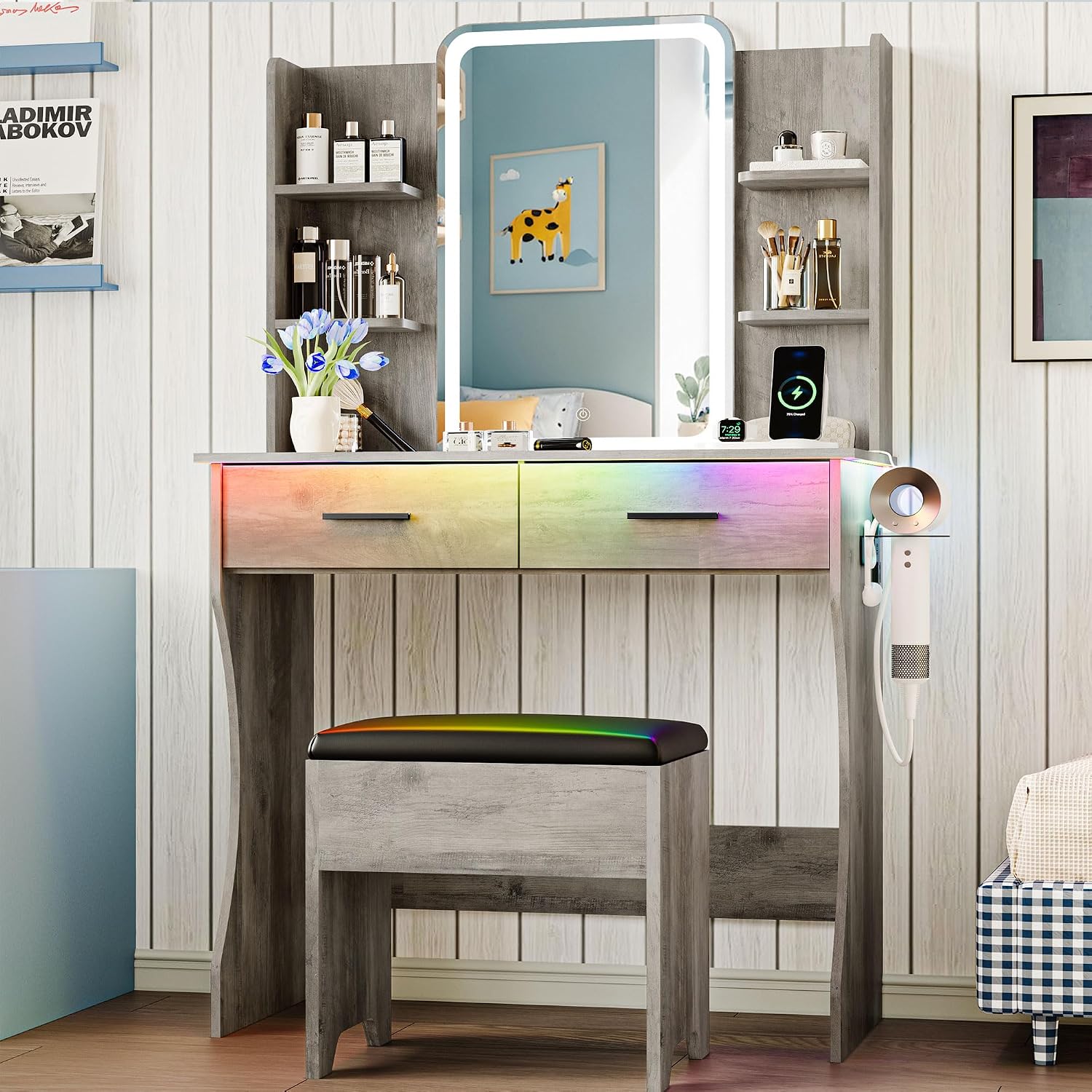 Vanity Desk with LED Lights Mirror & Power Outlet, Small Makeup Vanity Table Set with Storage Drawers & Chair, 3 Lighting Modes & Adjustable Brightness, Dressing Table for Women Girls Bedroom, Grey