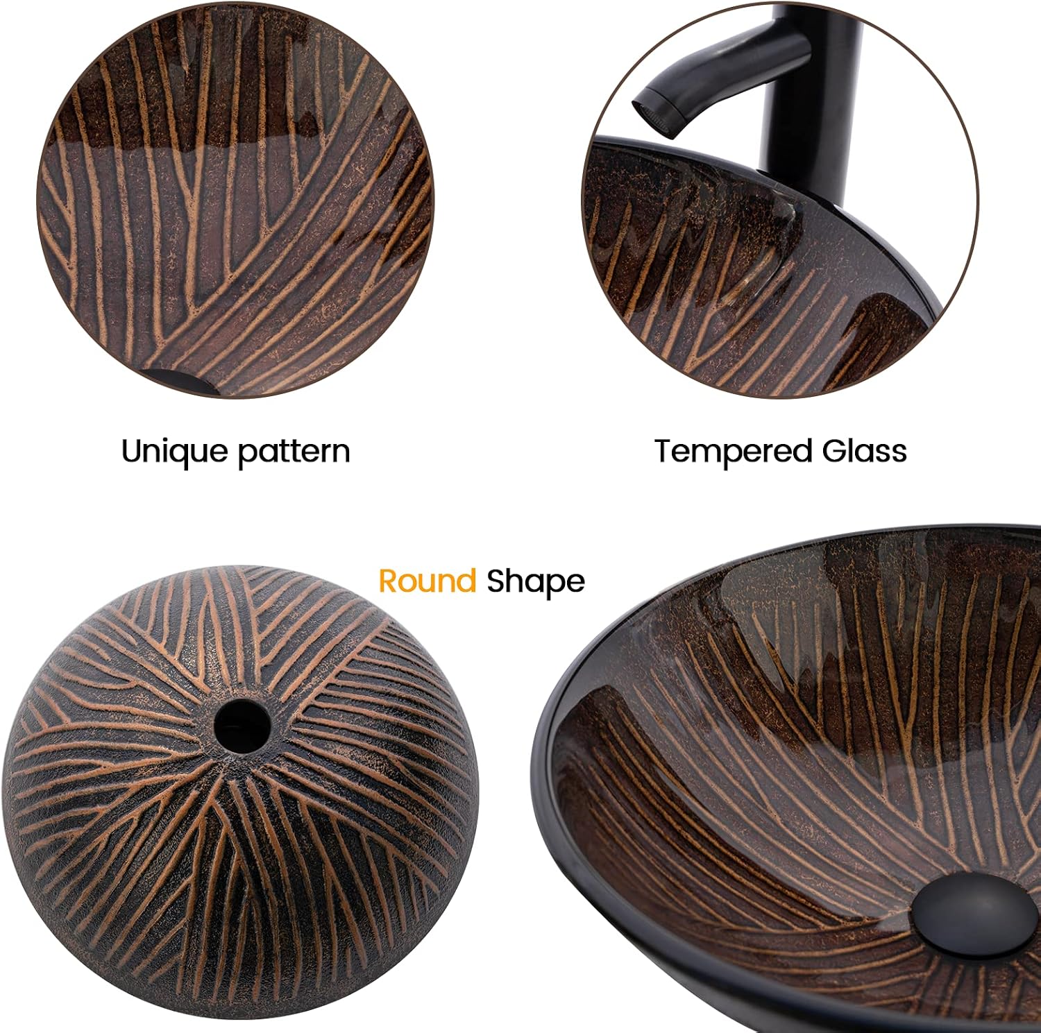 Vessel Sink 16.5' Bathroom Sinks Tempered Glass Brown Art Basin Round Bowl with Faucet Combo, Tree Streak Pattern,Modern Countertop Bowl Sink