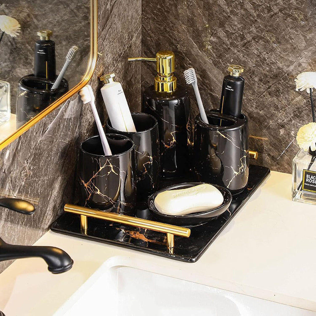 Bathroom soap Dispenser Set, 6 Pieces Bathroom soap Dispenser and Toothbrush Holder Set, Toothbrush Holder, Vanity Tray for Decor Bathroom Countertop, Vanity Organizer -Black