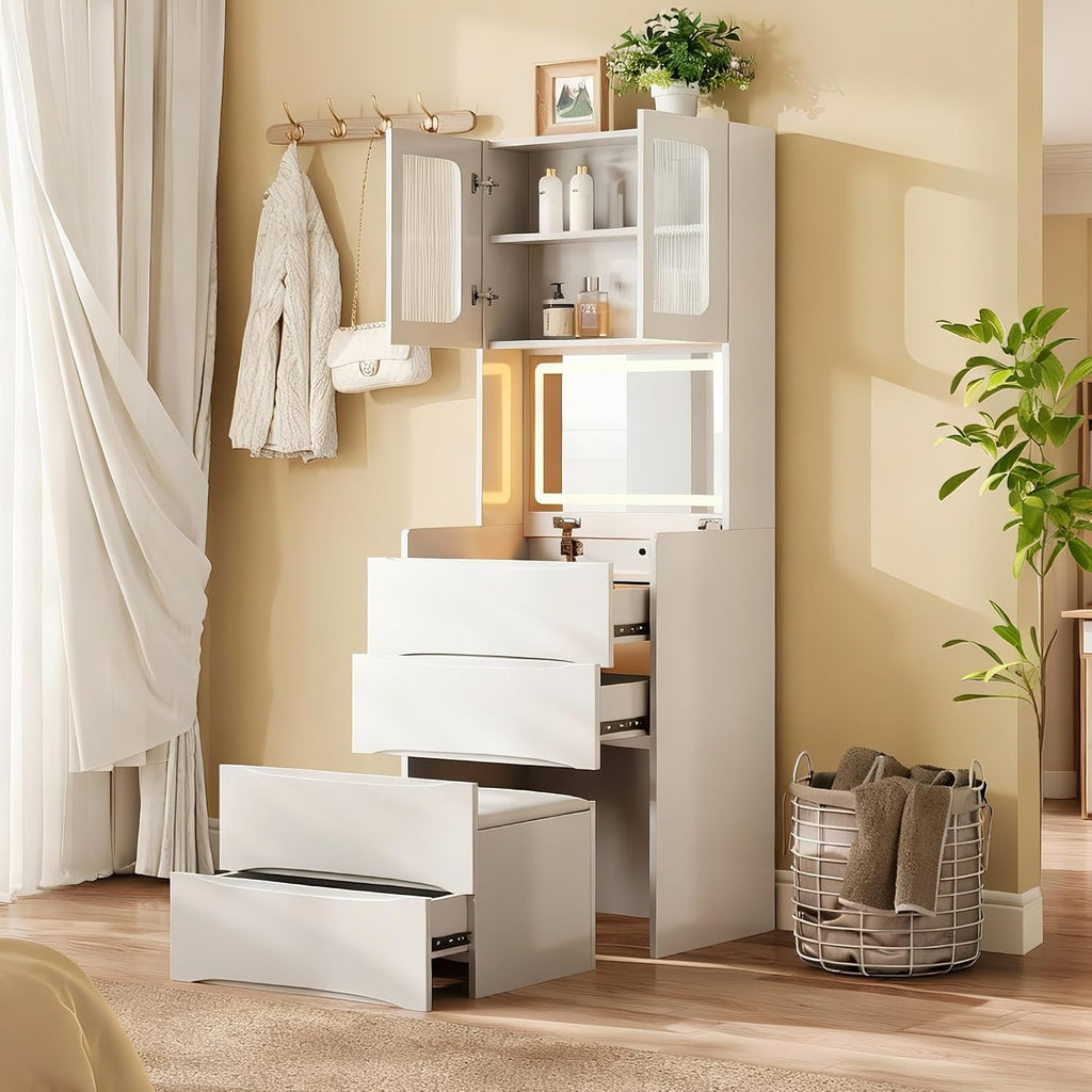 3 in 1 Vanity Desk Makeup Vanity Table with Mirror & Storage Stool, Makeup Dressing Table with Adjustable Lights, Side Sliding Tray and Stool, White