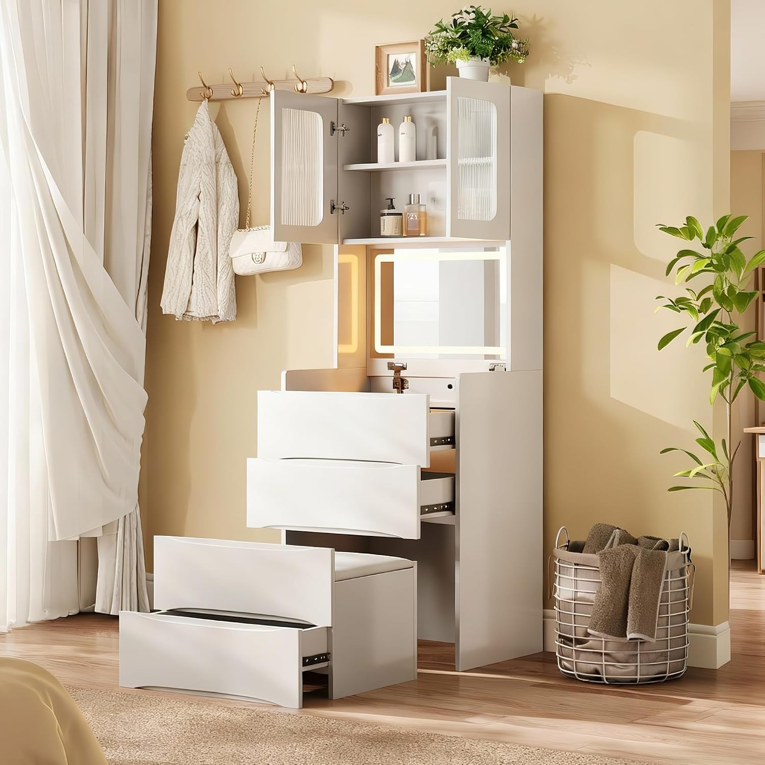3 in 1 Vanity Desk Makeup Vanity Table with Mirror & Storage Stool, Makeup Dressing Table with Adjustable Lights, Side Sliding Tray and Stool, White