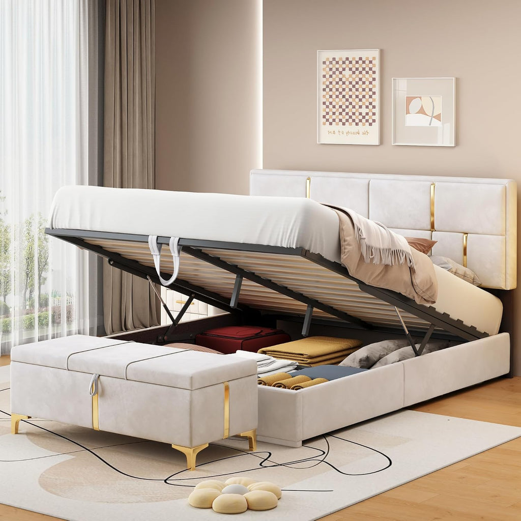 Queen Size Hydraulic Lift Up Storage Bed Frame with Storage Bench, Velvet Upholstered Platform Beds with Headboard, Two Piece Bedroom Sets, Wooden Slats Support, No Box Spring Needed (Beige)