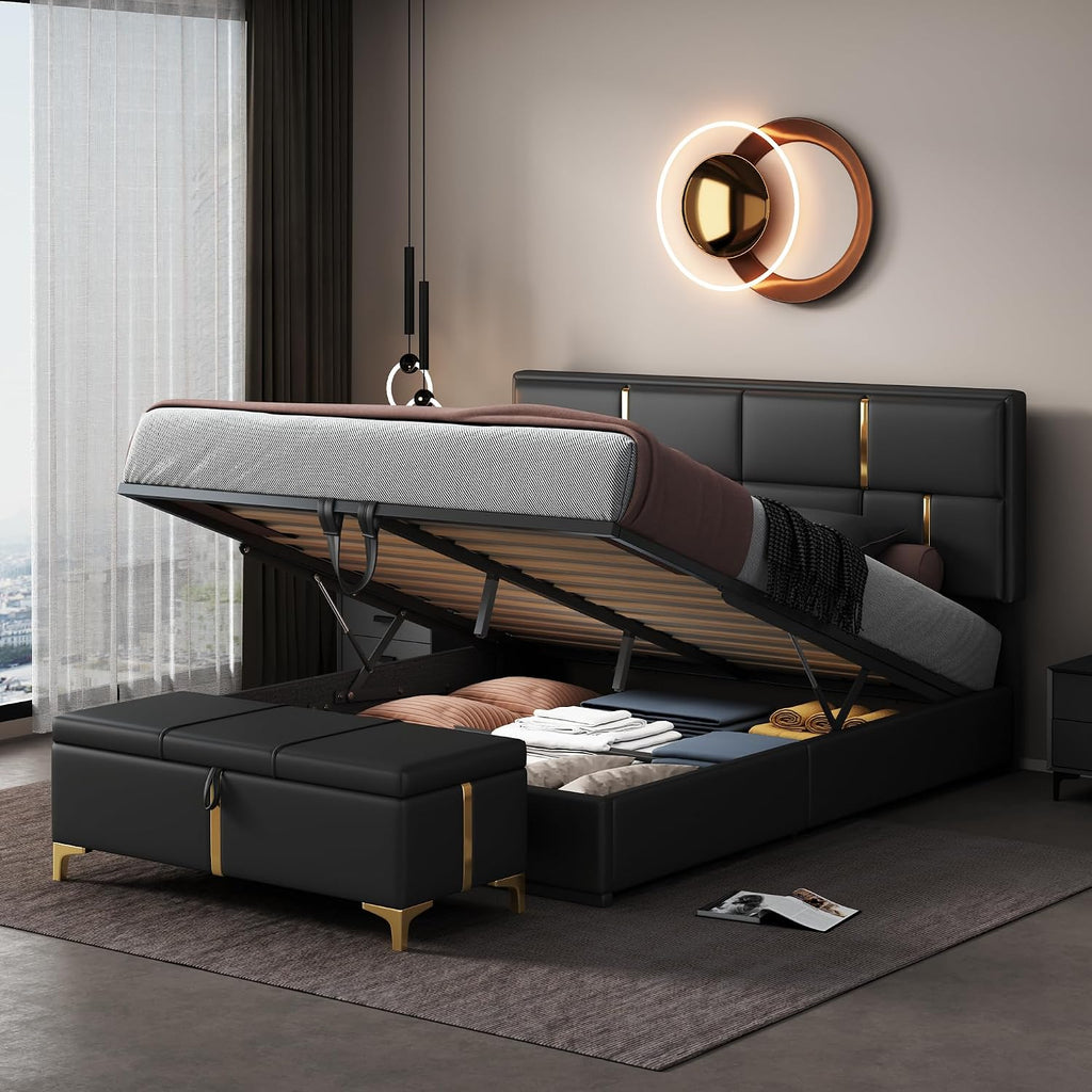 Queen Size Hydraulic Lift Up Storage Bed Frame with Storage Bench, PU Upholstered Platform Beds with Headboard, Two Piece Bedroom Sets, Wooden Slats Support, No Box Spring Needed (Black)