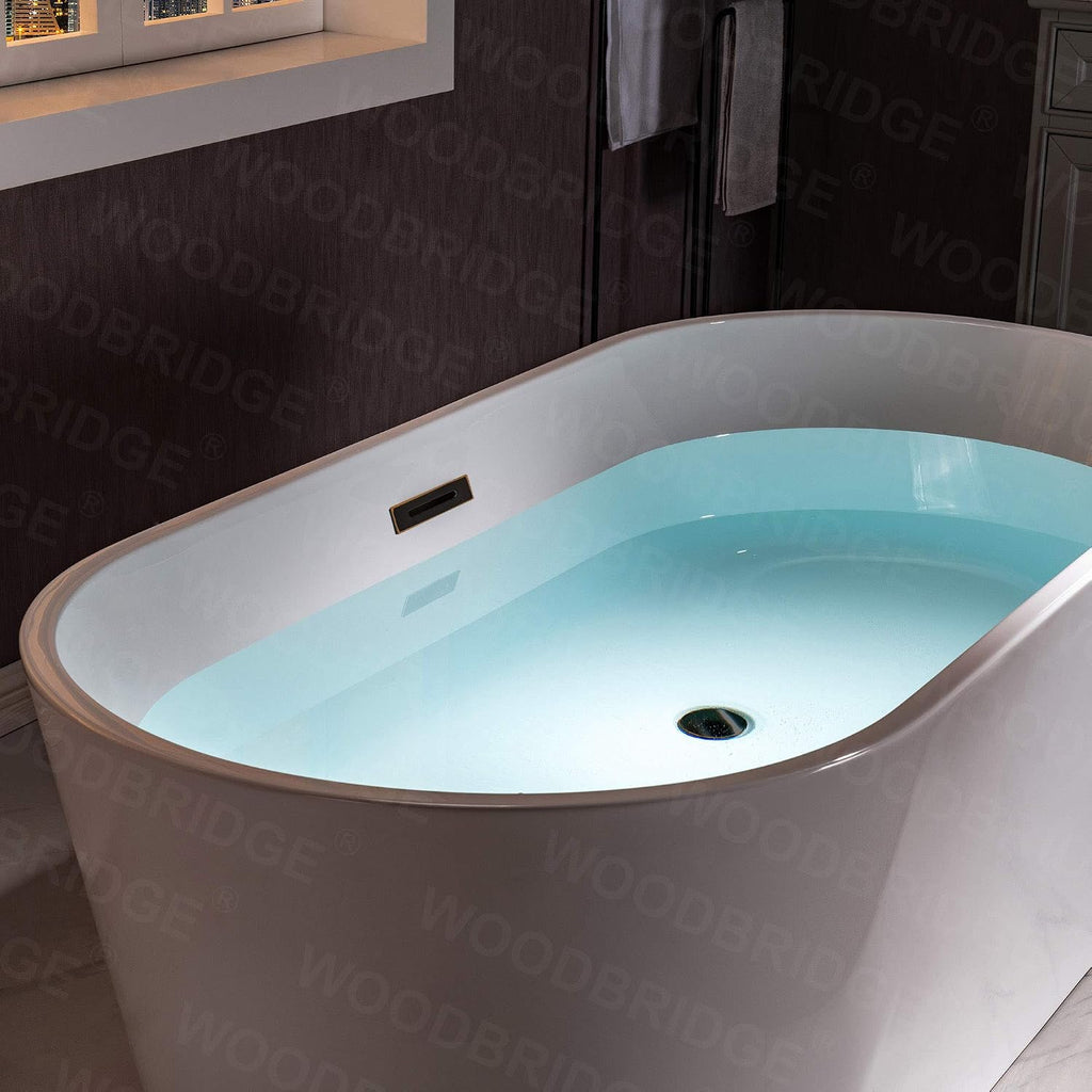 WOODBRIDGE 59' Acrylic Freestanding Bathtub Contemporary Soaking White Tub with Oil-Rubbed Bronze Overflow and Drain，B0014-ORB