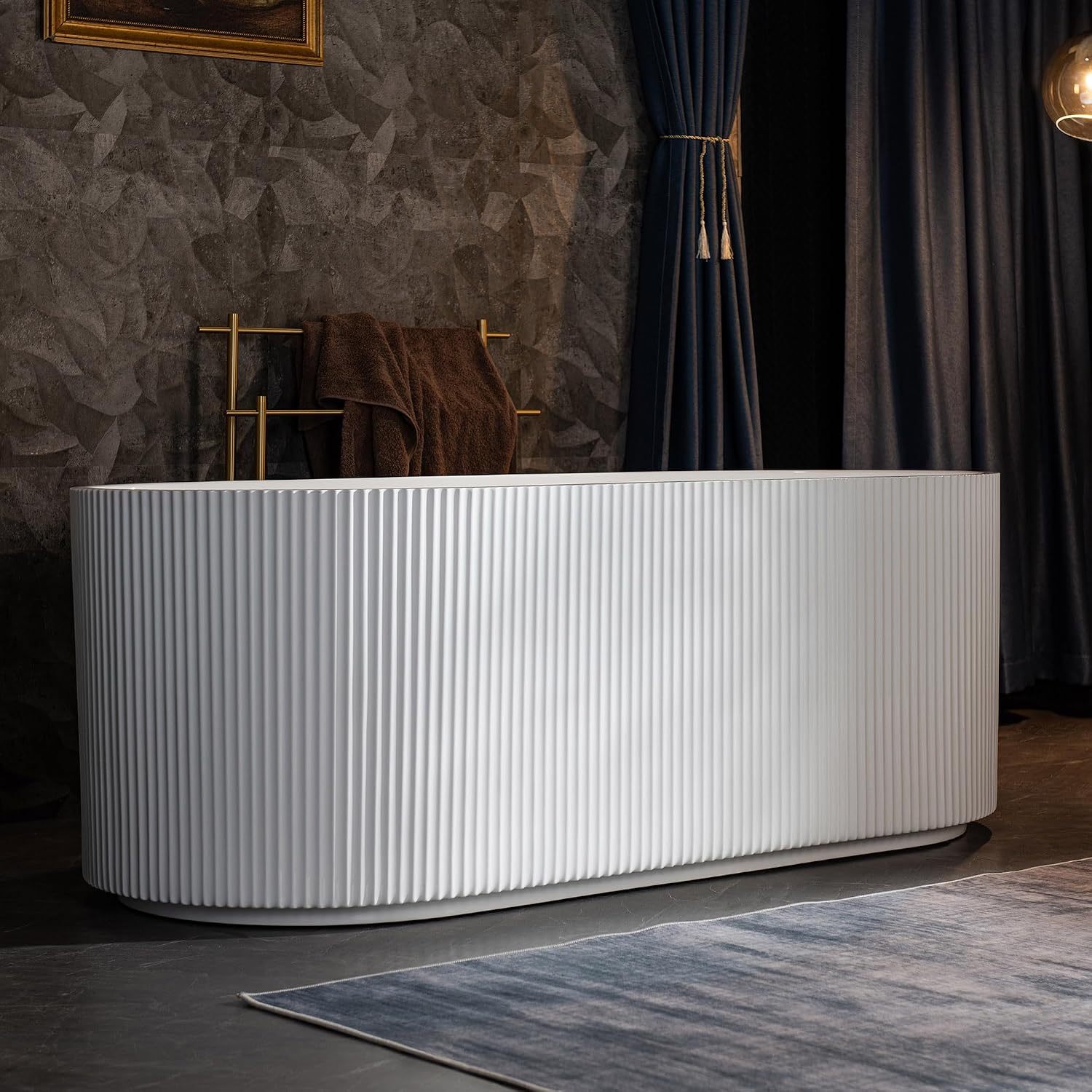WOODBRIDGE 67' L x 31-1/2' W Freestanding Contemporary Soaking Bathtub,Unique Pleated Design,with Brushed Nickel Pop-Up Drain Drain and Overflow Option, White,B1526-B/N