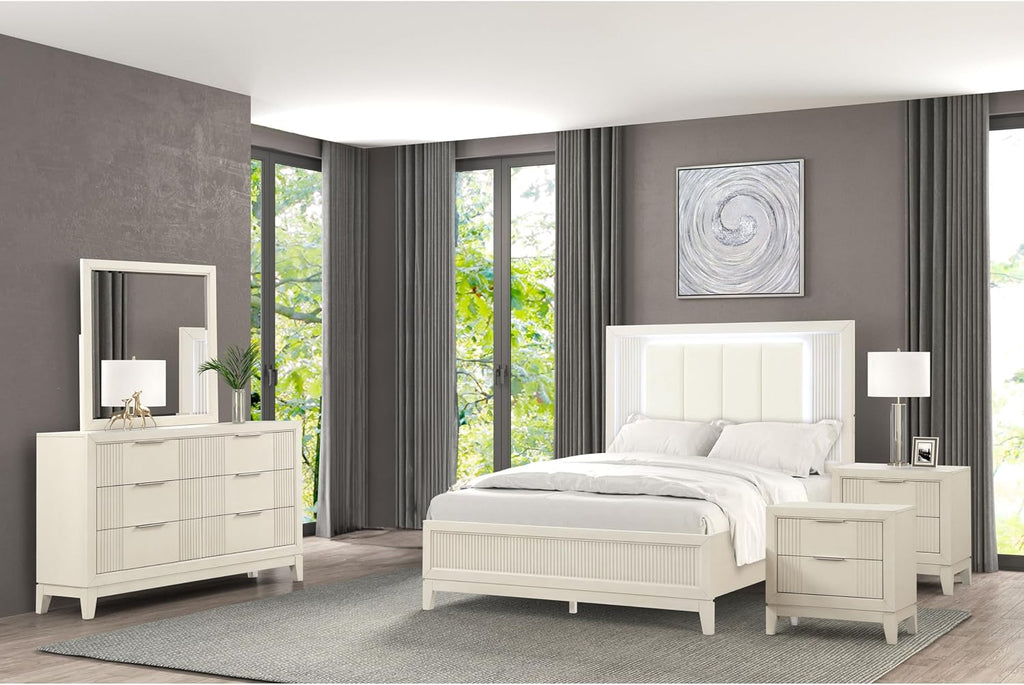 Furniture of America Oberlin Modern Solid Wood 5-Piece Bedroom Set with LED on Padded Fabric Headboard, Vertical Channel Tufting, Chrome Finger Pulls, Box Spring Needed, King, Antique White