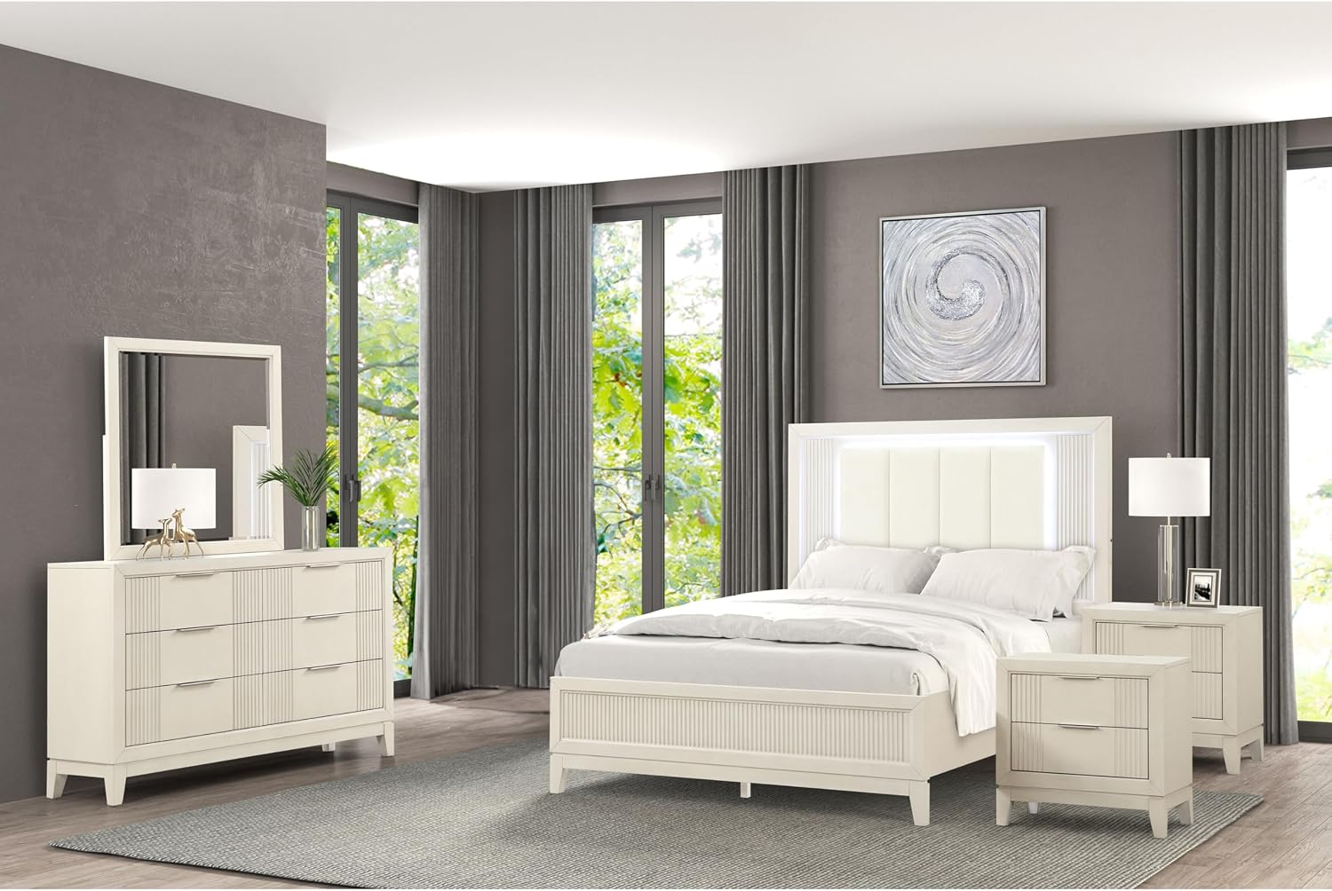 Furniture of America Oberlin Modern Solid Wood 5-Piece Bedroom Set with LED on Padded Fabric Headboard, Vertical Channel Tufting, Chrome Finger Pulls, Box Spring Needed, King, Antique White