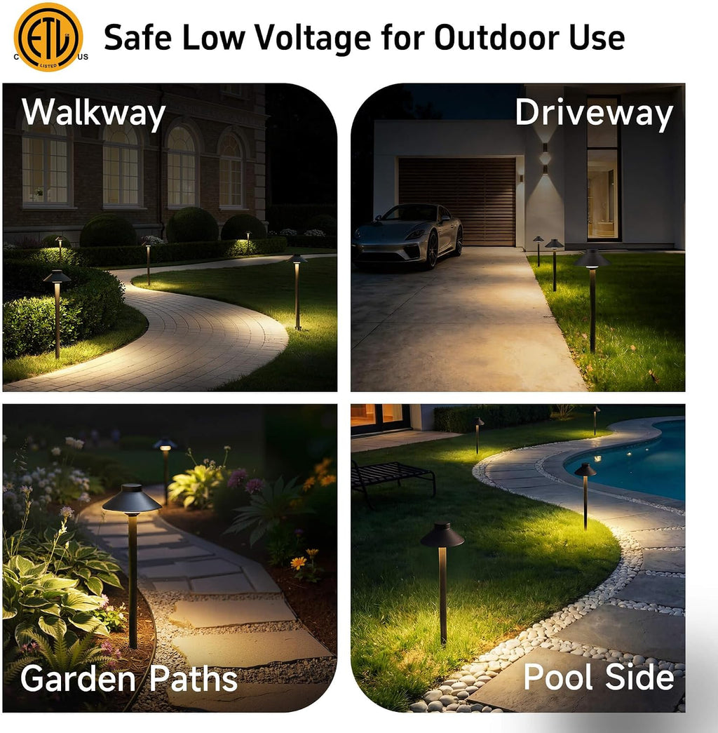 Gardenreet Low Voltage Landscape Lighting Brass - 12v Pathway Lights Waterproof, Hard Wired Path Light Outdoor, Mushroom Bronze for Exterior Area Patio with 3W 4000K Neutral White G4 Bulb (4 Pack)