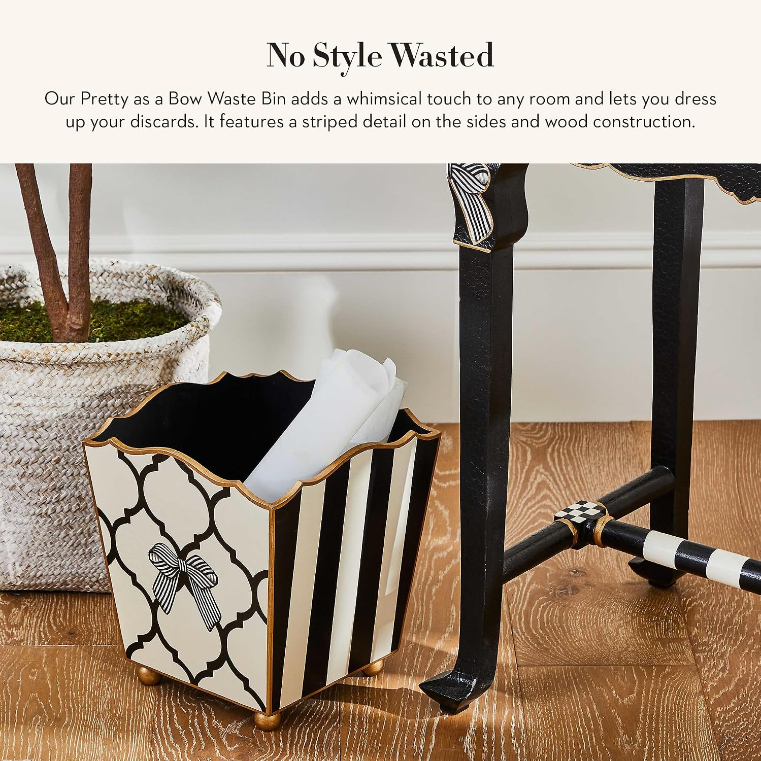 MACKENZIE-CHILDS Wood Waste Bin, Decorative Wastebasket for Bedroom and Bathroom Trash or Storage, Pretty as a Bow
