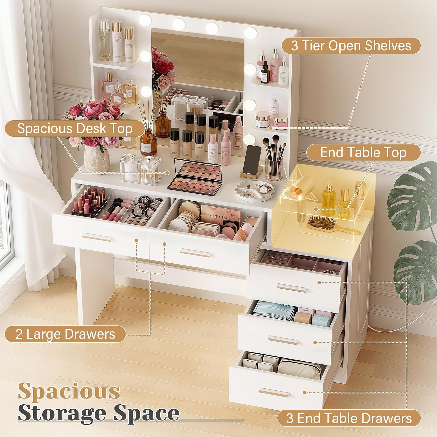 YESHOMY Makeup Vanity Desk with Mirror & Lights, Vanity Table with 5 Drawer, 6 Shelves, Charging Station for Bedroom, Dressing Room, Light White