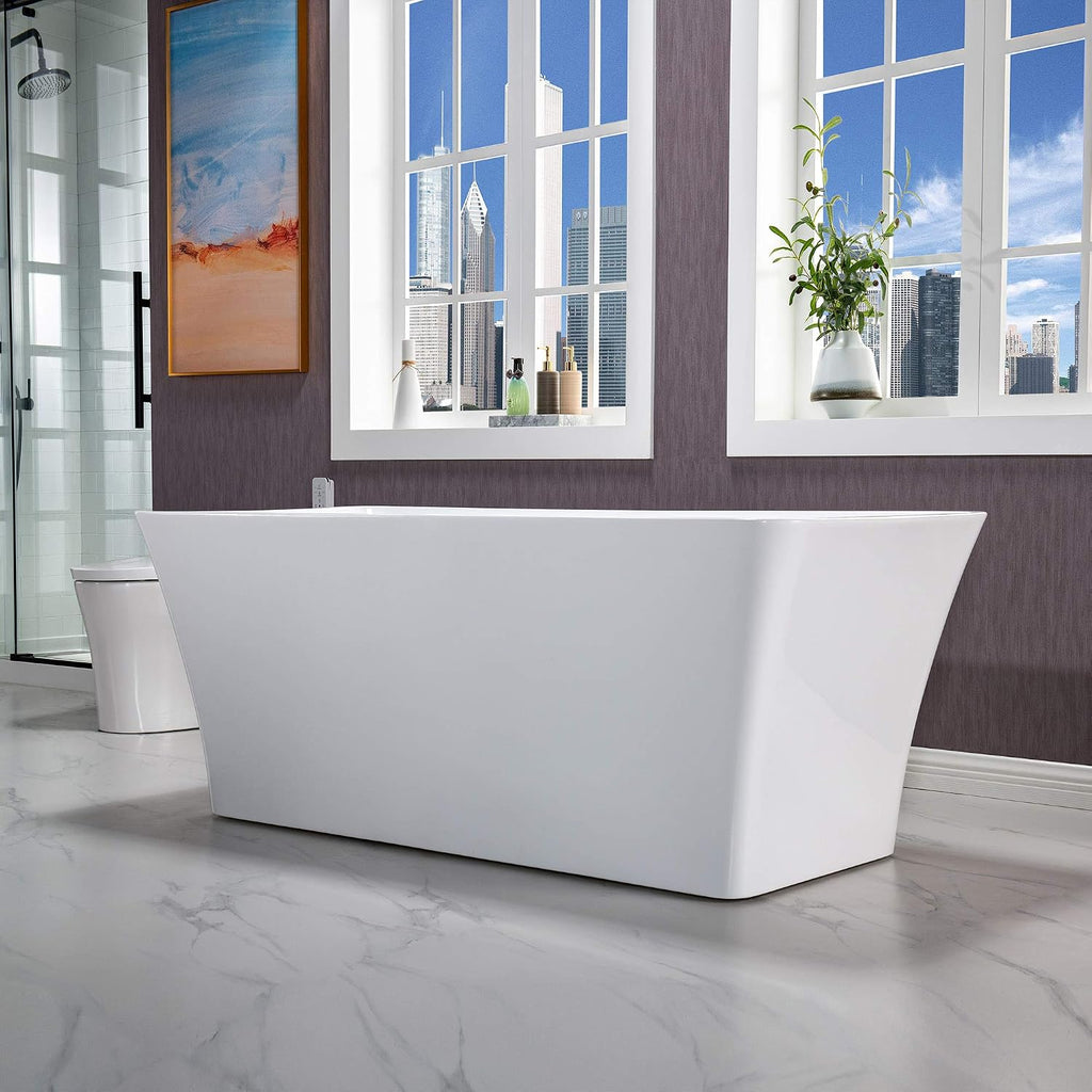WOODBRIDGE 59' Acrylic Freestanding Bathtub Contemporary Soaking White Tub with Oil Rubbed Bronze Overflow and Drain，BTA1509 -ORB-Drain &O