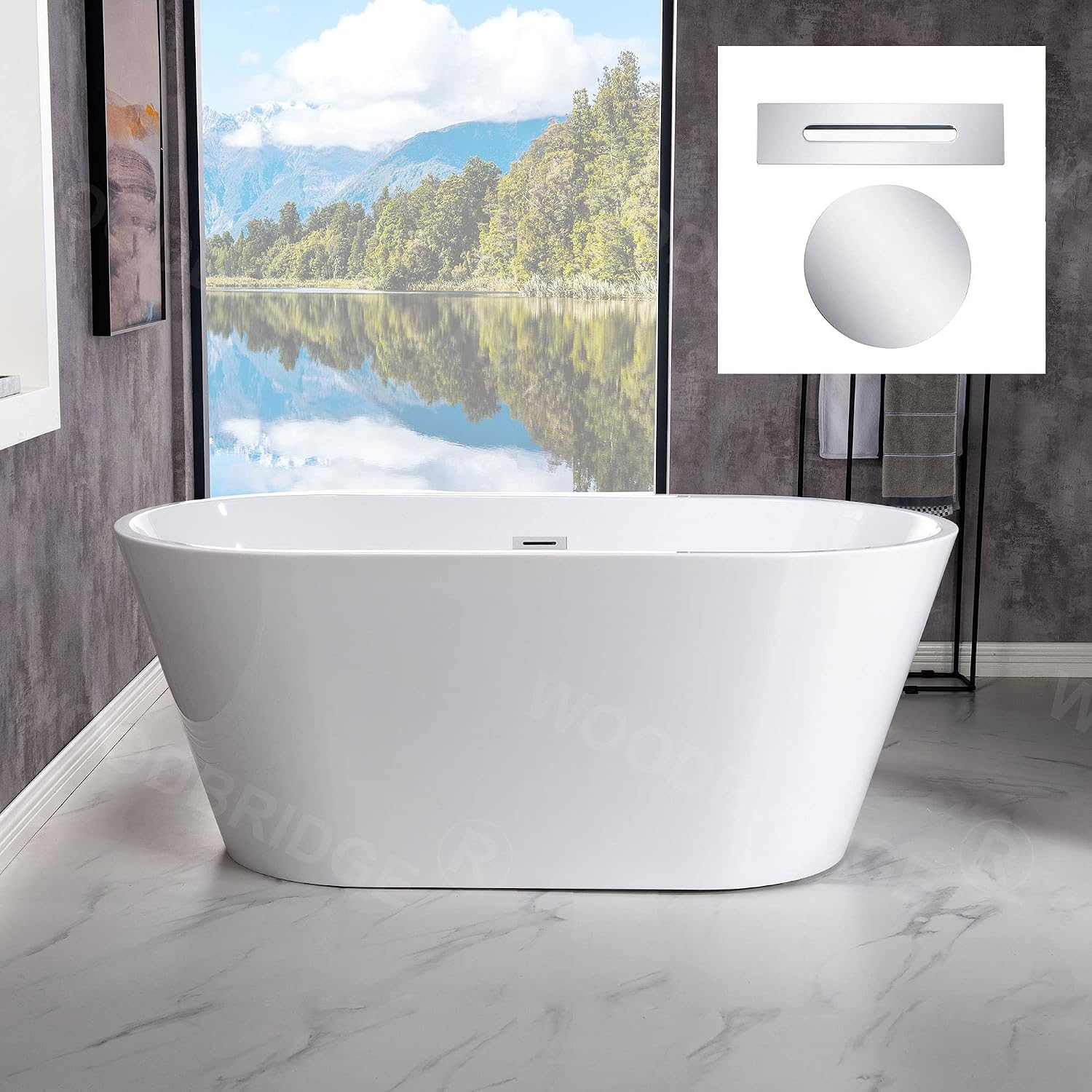 WOODBRIDGE 54' Acrylic Freestanding Bathtub Contemporary Soaking White Tub with Chrome Overflow and Drain,B1702-CH