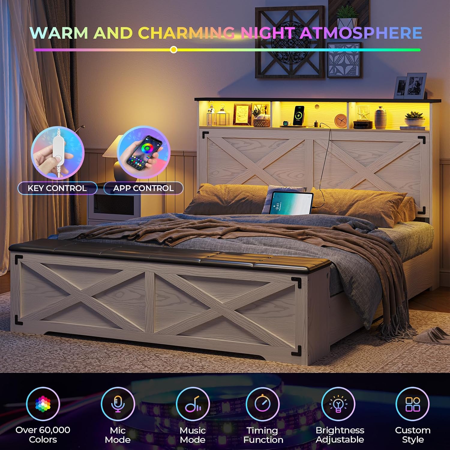 DICTAC Farmhouse Queen Bed Frame with Storage Headboard, Charging Station and LED Lights Wood Platform Bed Frame Queen Size with Storage Ottoman,Metal Slats Support,No Box Spring Needed, Antique White