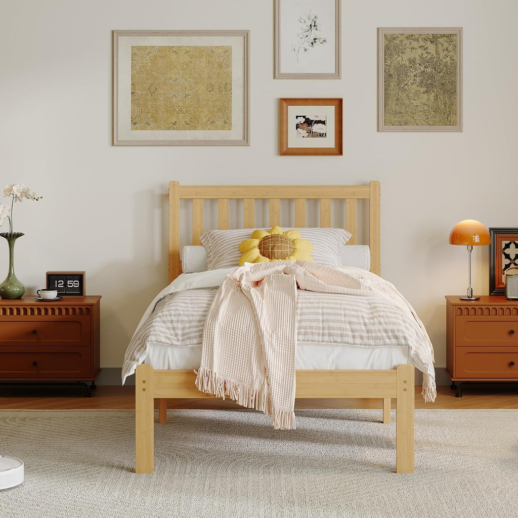 12 in High Solid Bamboo Wood Twin XL Bed Frame with Headboard, Platform Twin XL Size Bed Frame, Heavy Duty, No Box Spring Needed, Nosie Free