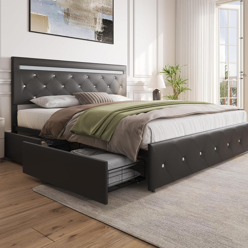 Benevika Full Size Bed Frame with 4 Drawers and Charge Station, PU Leather Upholstered Bed with Adjustable LED Headboard, Wooden Slats Support, No Box Spring Needed, Black