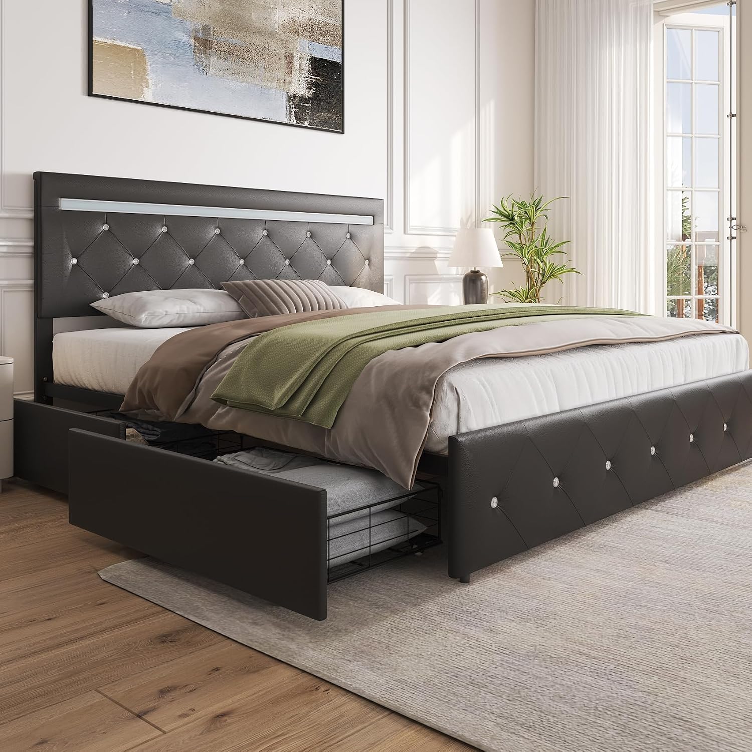 Benevika Full Size Bed Frame with 4 Drawers and Charge Station, PU Leather Upholstered Bed with Adjustable LED Headboard, Wooden Slats Support, No Box Spring Needed, Black