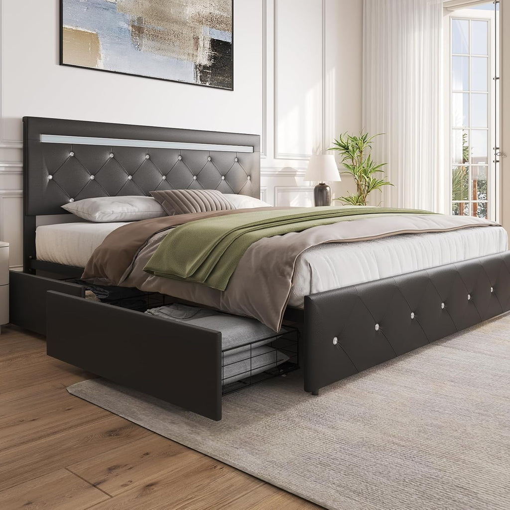 Benevika Queen Size Bed Frame with 4 Drawers and Charge Station, PU Leather Upholstered Bed with Adjustable LED Headboard, Wooden Slats Support, No Box Spring Needed, Black