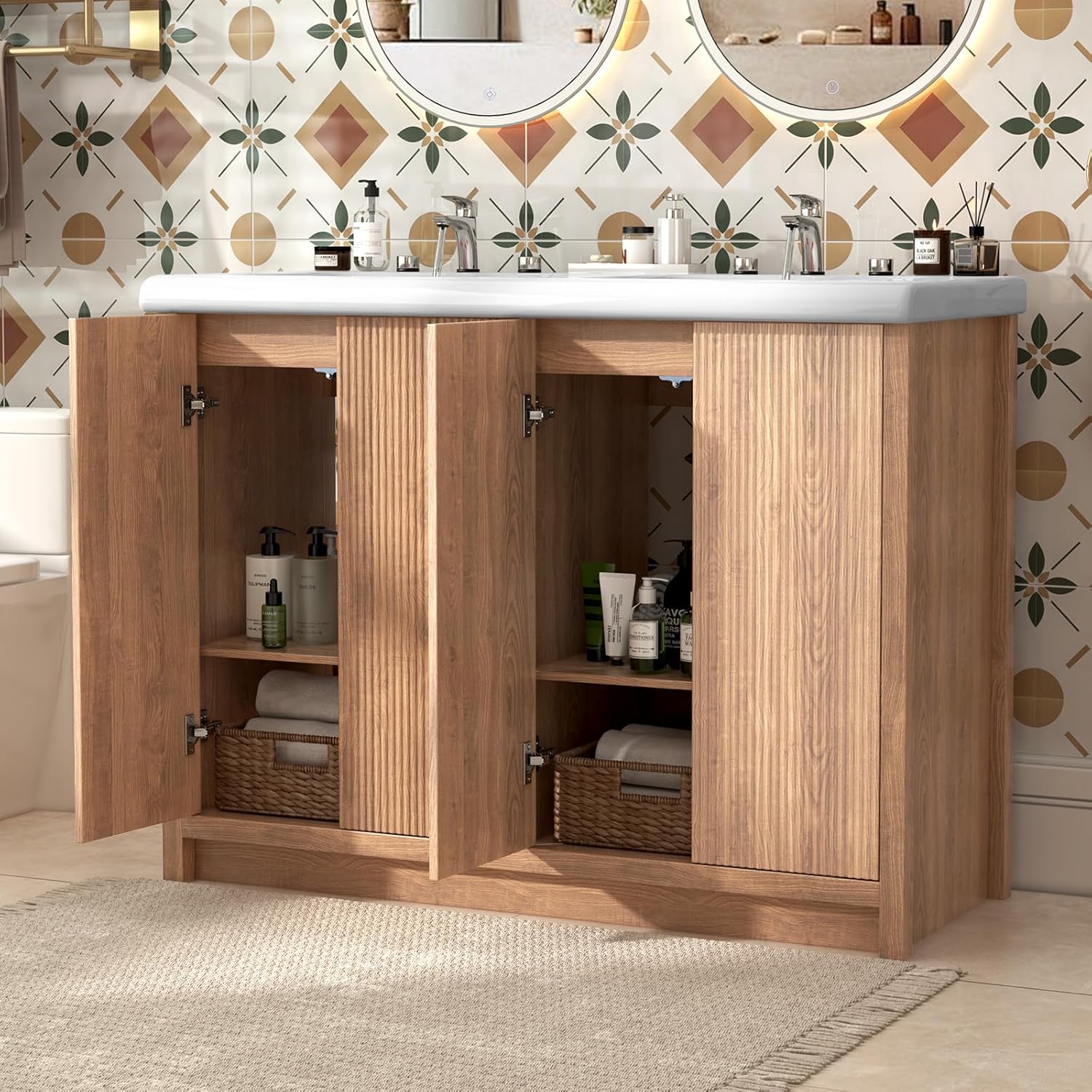 46.7 inch Bathroom Sink Vanity Combo, Large Freestanding Double Bath Vanity Sink Set with 4 Cabinets, Dual Basin Bathroom Storage Cabinet, Natural Wood Color