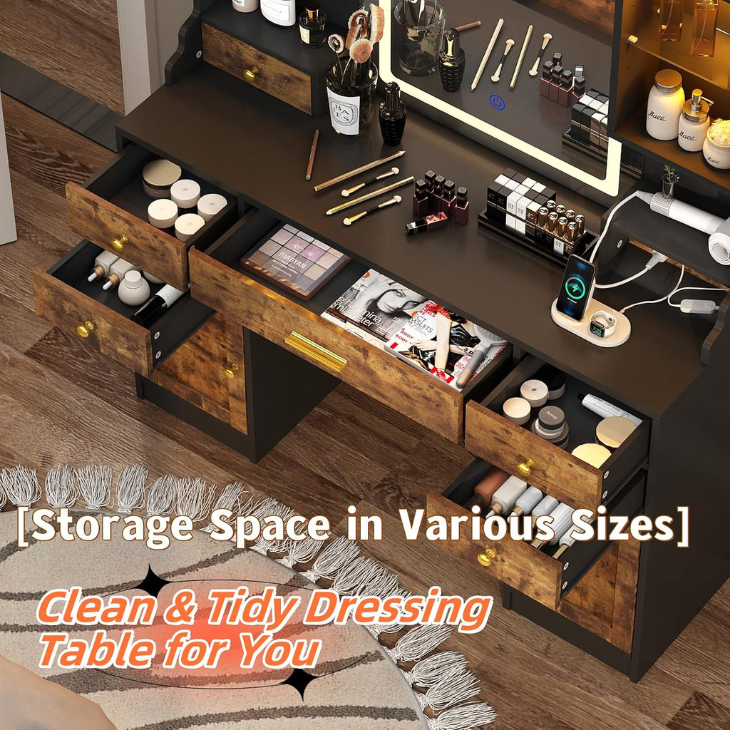 Vanity Desk with Mirror and Power Outlet, 41.3'' Large Make up Vanity Table with 6 Storage Drawers & RGB Cabinets, Dressing Table with 3 LED Lighting Modes Adjustable, for Girls, Women, Rustic Brown