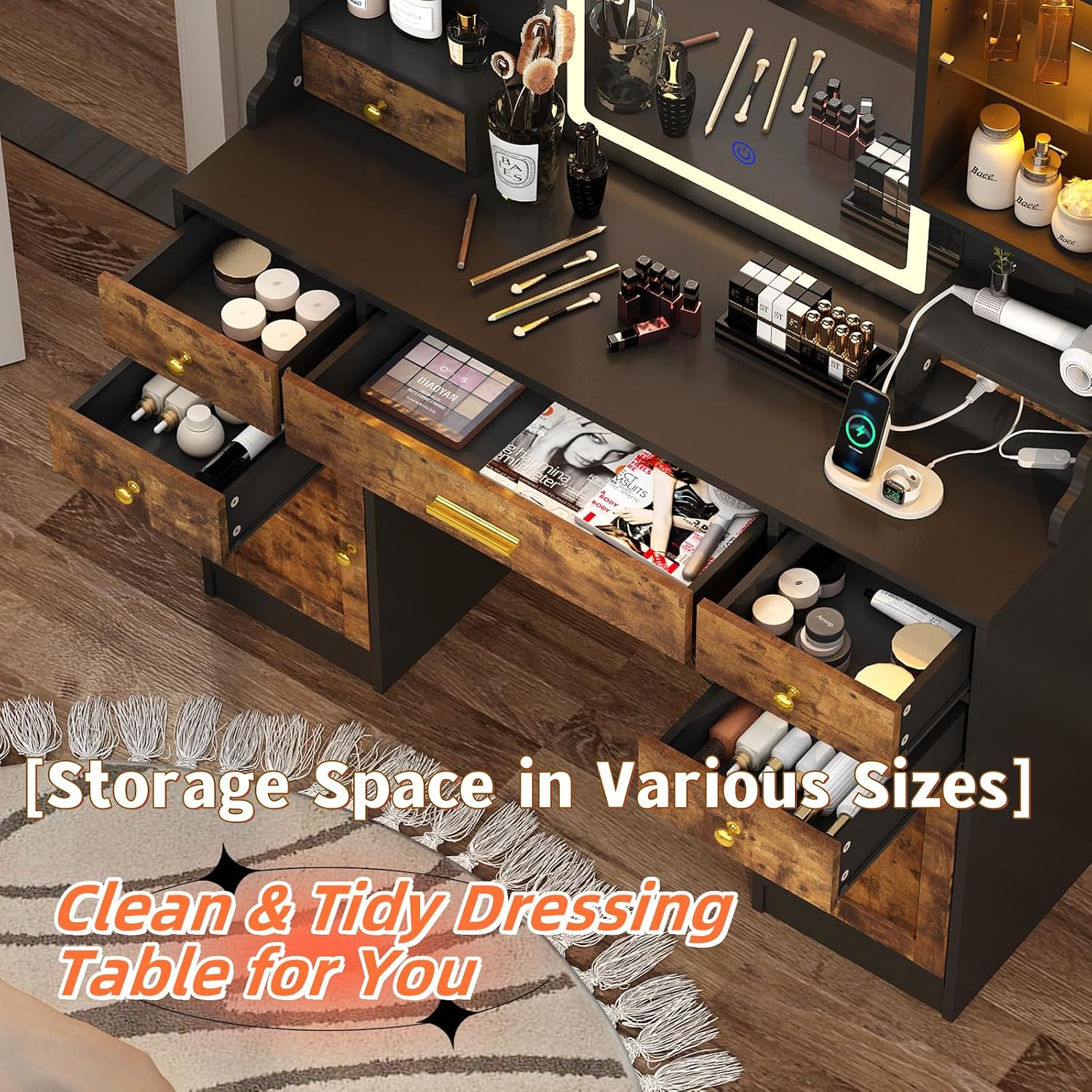 Vanity Desk with Mirror and Power Outlet, 41.3'' Large Make up Vanity Table with 6 Storage Drawers & RGB Cabinets, Dressing Table with 3 LED Lighting Modes Adjustable, for Girls, Women, Rustic Brown