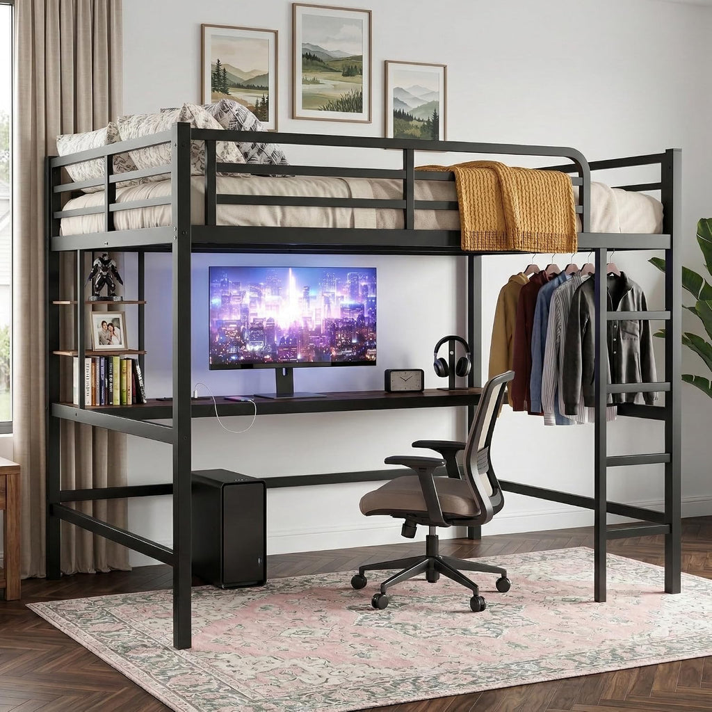 Queen Size Metal Loft Bed with Desk, LED Lights & USB Charging Station, Sturdy Noise-Free High Loft Bed Frame with Safety Guardrails, Space-Saving Loft Bedframe for Adults, Kids, Teens, Black (Queen)