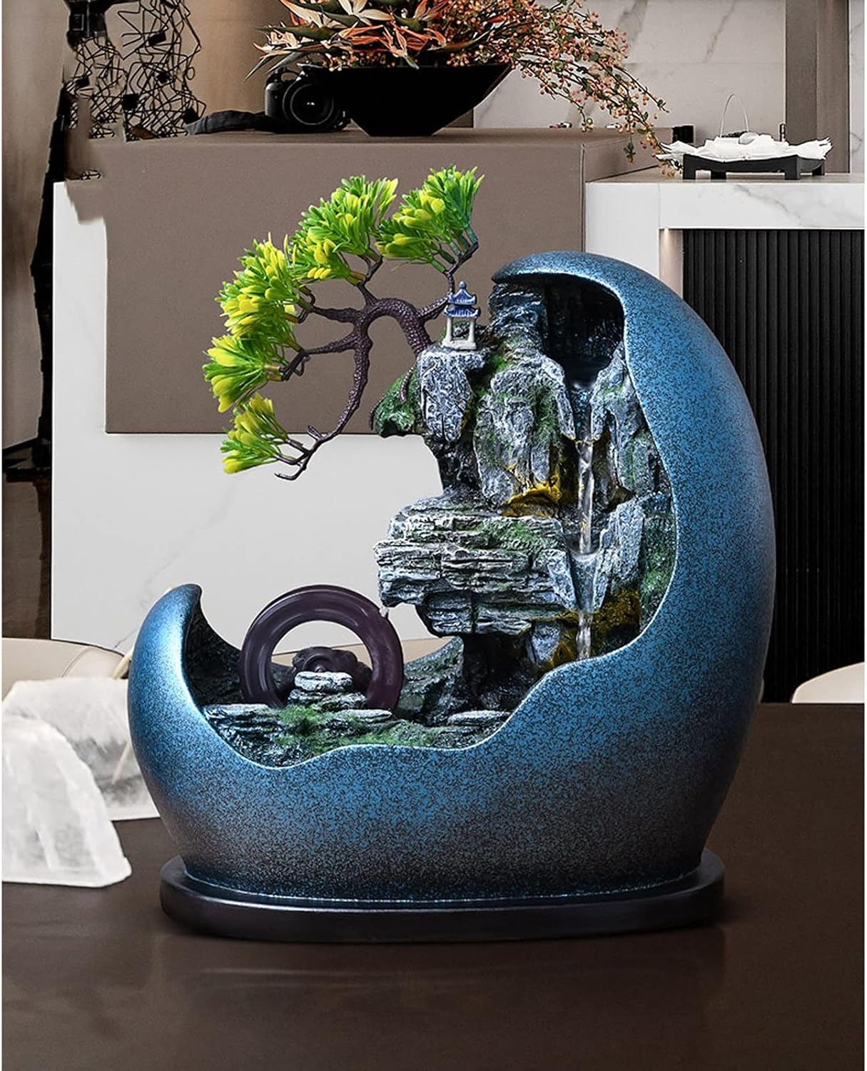 Desktop Fountain Tabletop Water Fountain in Artificial Bonsai Design Indoor Waterfalls Fountains Decorative Feng Shui with Automatic Pump Best Home Gifts for Friends or Family(Blue)
