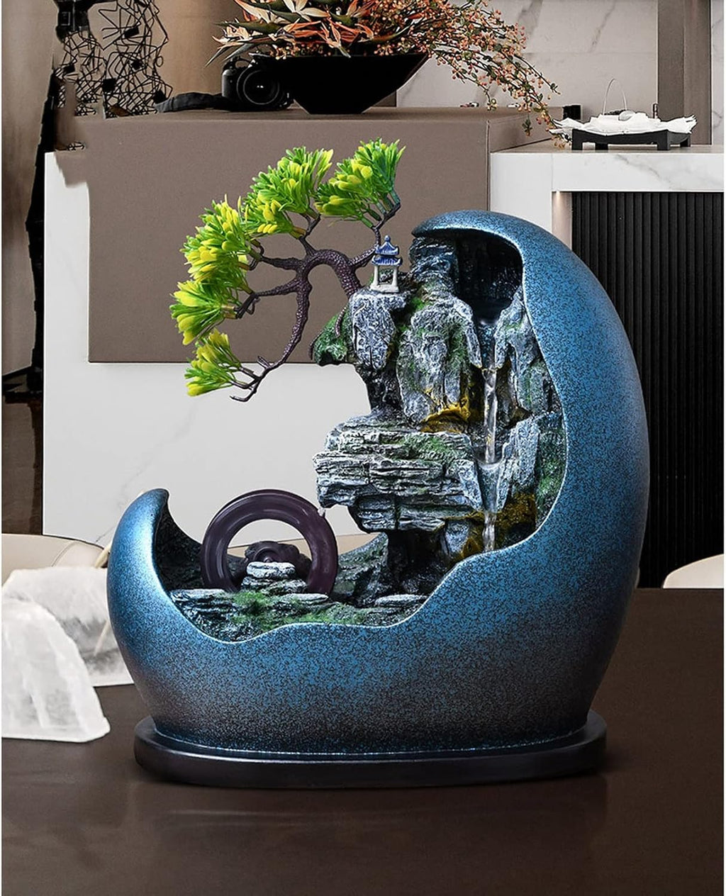 Tabletop Fountain Waterfall Tabletop Water Fountain in Artificial Bonsai Design Indoor Waterfalls Fountains Decorative Feng Shui Tabletop Fountain with Automatic Pump Best Home Gifts for Friends or Fa