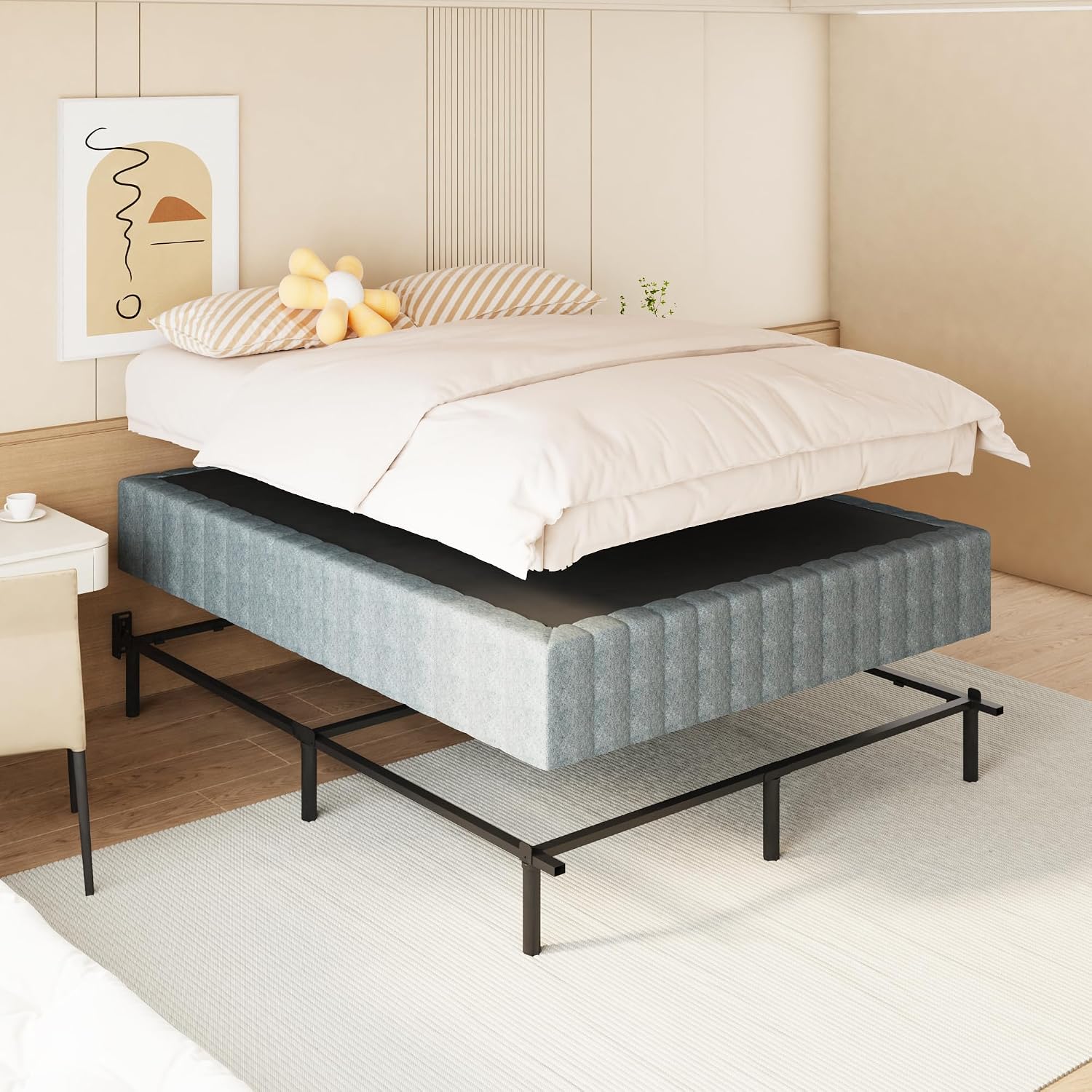 NHODIR 9 Inch Box Spring Full Size Bed Base, Heavy Duty Metal Full Mattress Foundation with Upholstered Fabric Cover, Easy Assembly, Black
