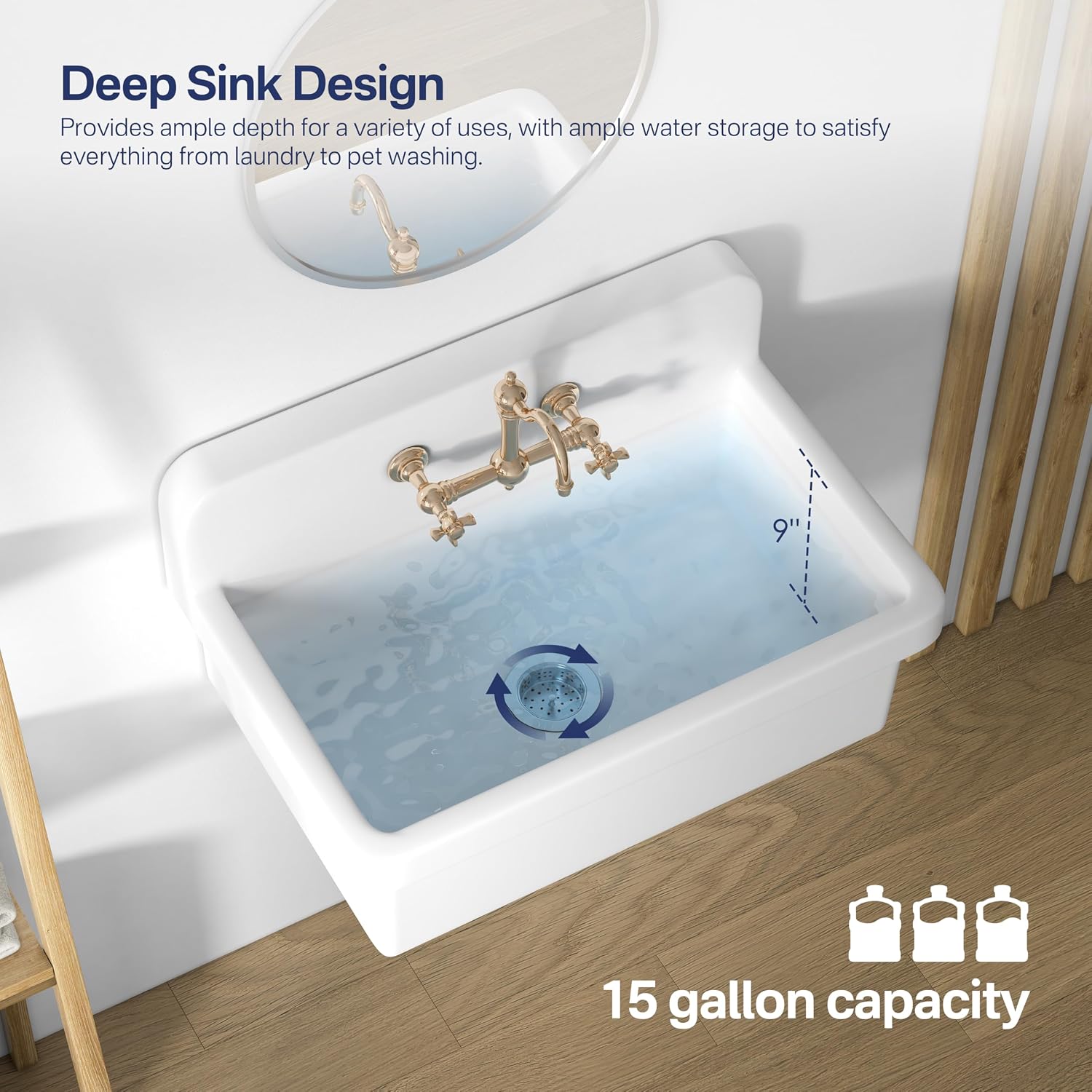 Eridanus 30 Inch Utility Sink, Wall Mount Laundry Sink, Modern Bathroom Basin, Farmhouse Kitchen Sink Drop-in, Floating Porcelain Ceramic Tub High Back for Garage, Washing Room, Workshop 30'x19'x17'