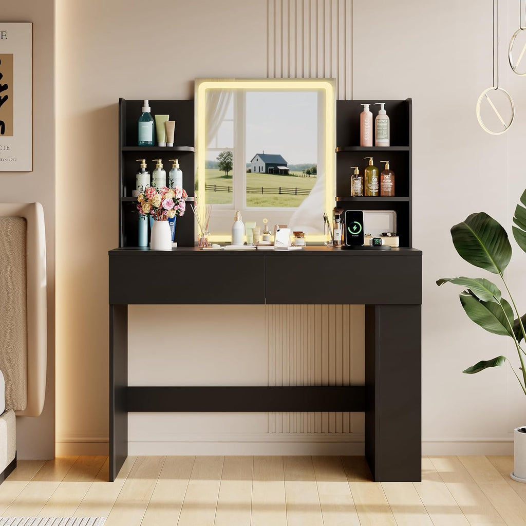 YESHOMY 35.4' Vanity Desk with LED Mirror and Lights,Makeup Vanity with 2 Storgae Drawers, 2 Side Shelves, and Open Storage Shelves, 3 Color Modes, for Bedroom, Classic Black