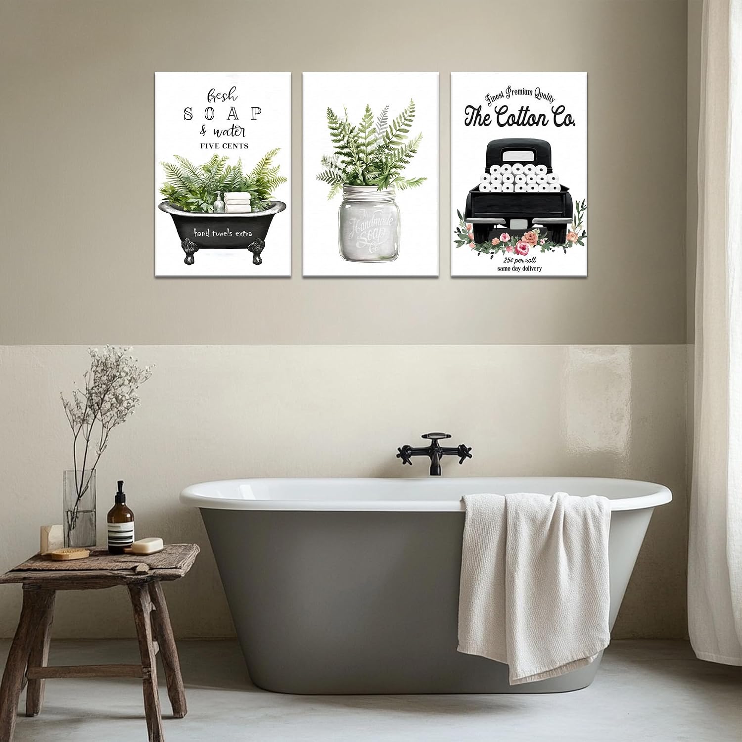 3 Piece Farmhouse Bathroom Decor Wall Art-Rustic Bathroom Canvas Print for Country Room Wall Decor, Rustic Botanical Bathtub Bathroom Decor, Vintage Framed Botanical Artwork for Bathroom 24'x36'x3Pcs