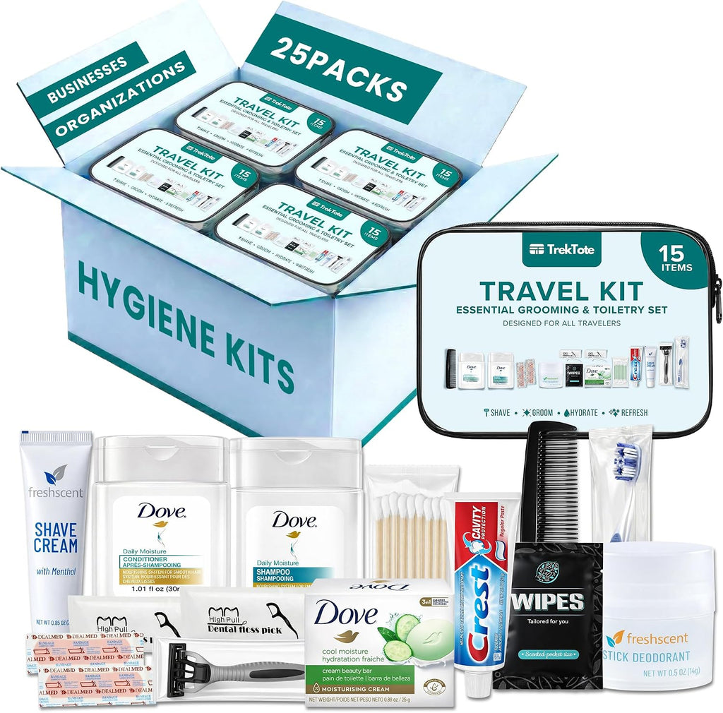 Complete 15 Piece Unisex Travel Hygiene Kit with Toiletries & Personal Care Essentials, TSA-Compliant, Individually Packaged in Clear Bag, Single or Bulk Packs (25 Pack)