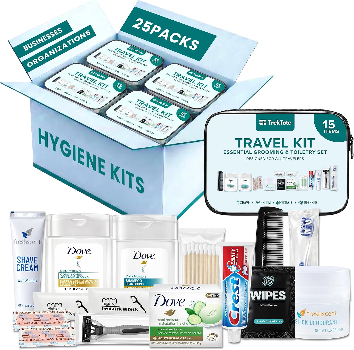 Complete 15 Piece Unisex Travel Hygiene Kit with Toiletries & Personal Care Essentials, TSA-Compliant, Individually Packaged in Clear Bag, Single or Bulk Packs (25 Pack)